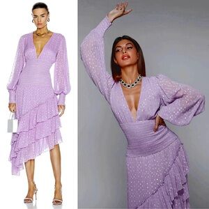 ROCOCO SAND Lilac Puff Long Sleeve Smocked Waist Asymmetric Tier Ruffle Dress S